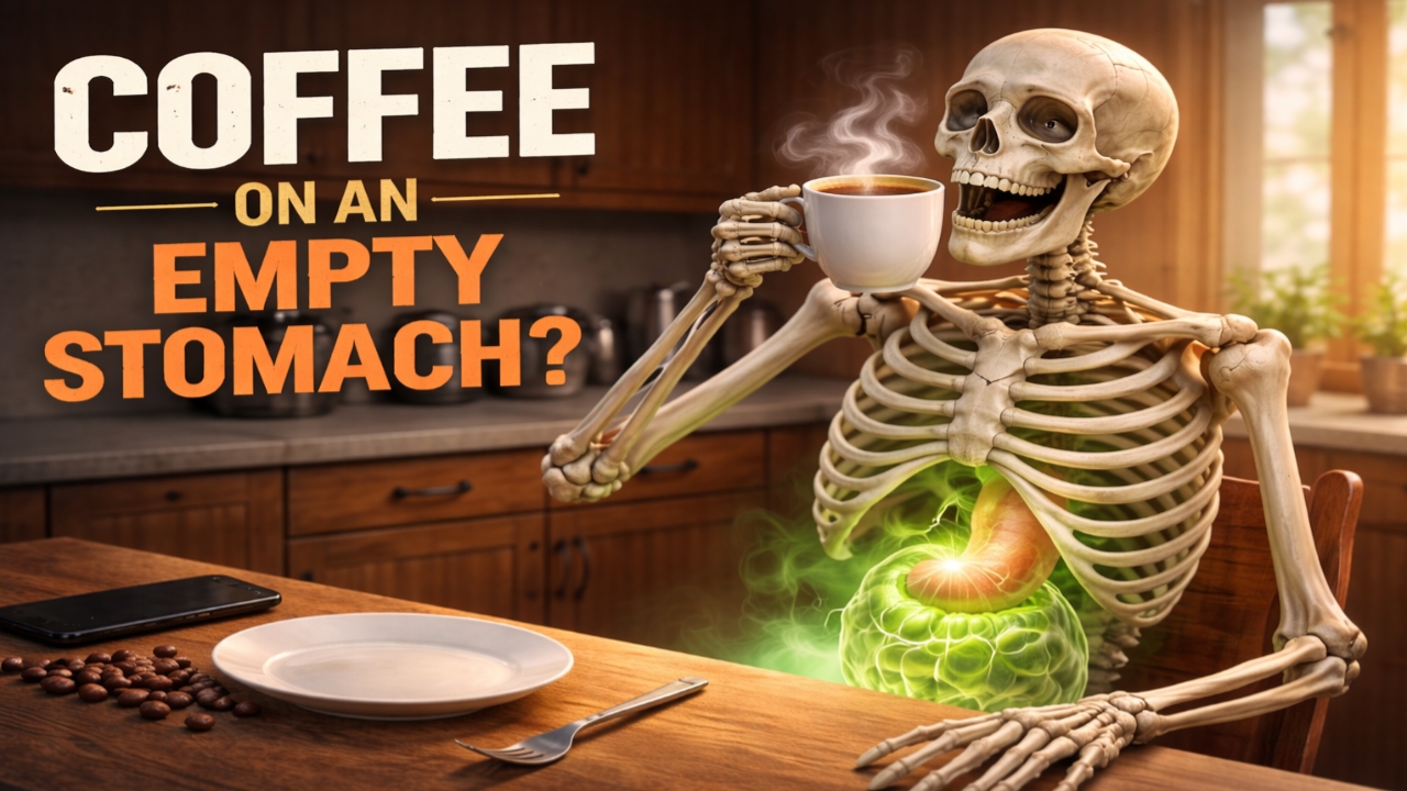 Skeleton drinking coffee on an empty stomach showing digestive system effects
