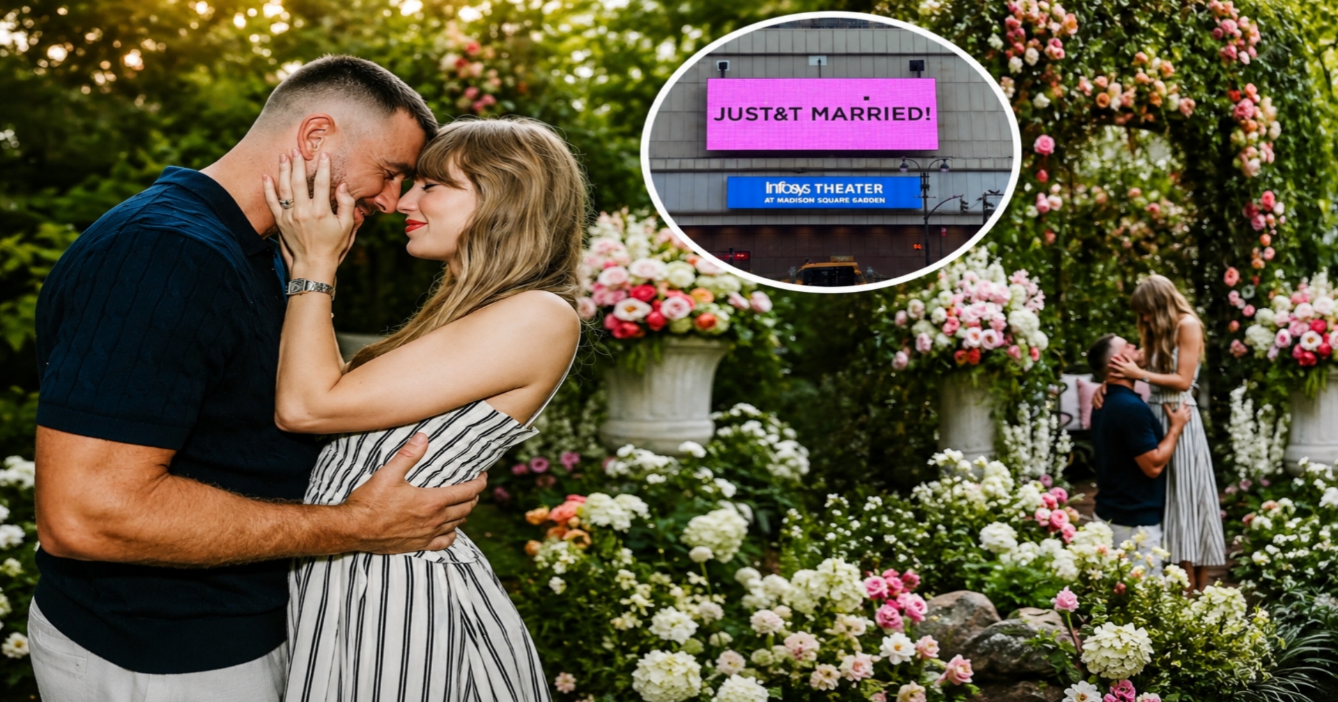 Taylor Swift and Travis Kelce celebrating their lavish Madison Square Garden wedding surrounded by luxury floral décor
